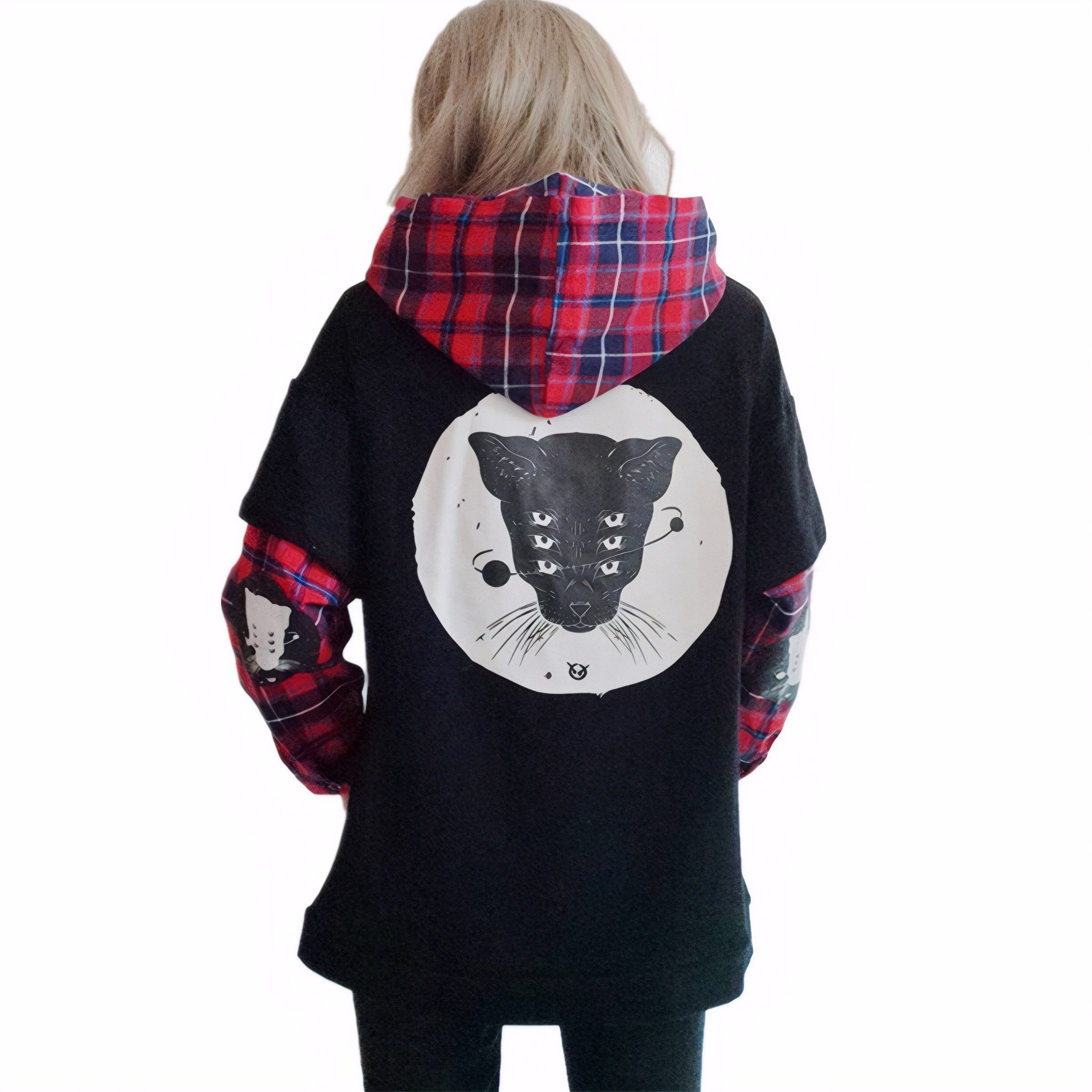 women's cool animal fox printing hooded sweatshirt false 2 pcs slim coat black
